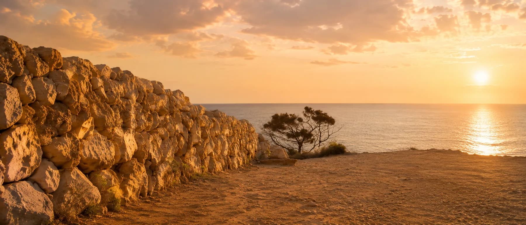 Puesta de sol dorada sobre el mar junto a un muro de piedra seca en la costa de Menorca